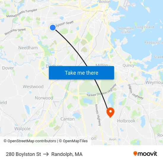 280 Boylston St to Randolph, MA map