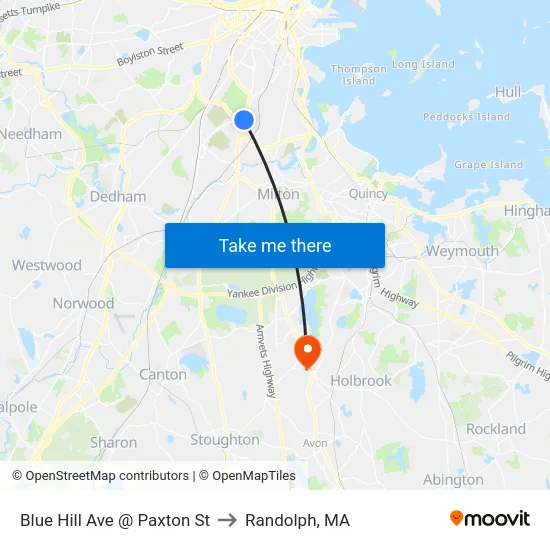 Blue Hill Ave @ Paxton St to Randolph, MA map