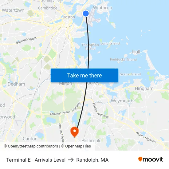 Terminal E - Arrivals Level to Randolph, MA map