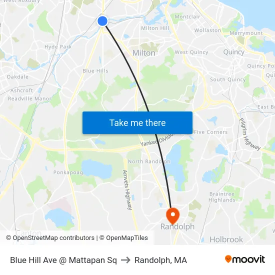 Blue Hill Ave @ Mattapan Sq to Randolph, MA map