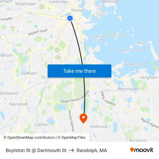 Boylston St @ Dartmouth St to Randolph, MA map