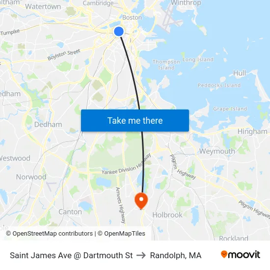 Saint James Ave @ Dartmouth St to Randolph, MA map