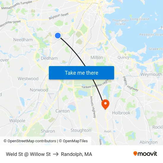 Weld St @ Willow St to Randolph, MA map