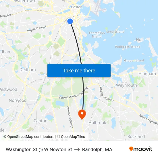 Washington St @ W Newton St to Randolph, MA map