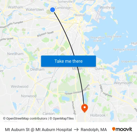 Mt Auburn St @ Mt Auburn Hospital to Randolph, MA map