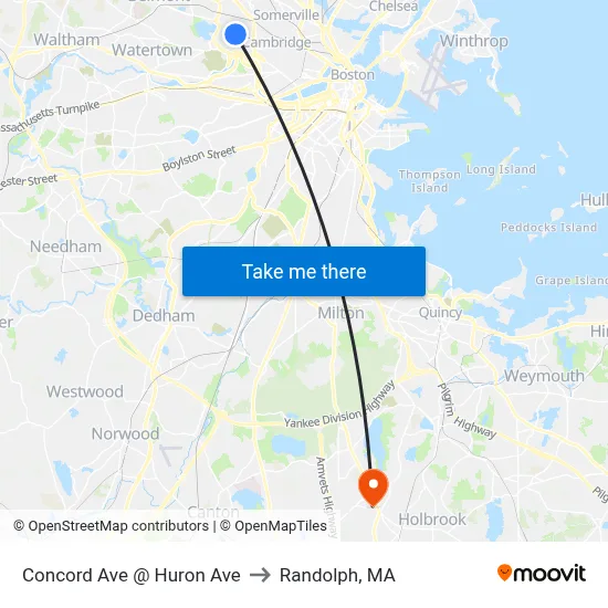 Concord Ave @ Huron Ave to Randolph, MA map
