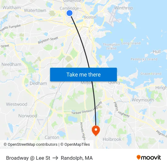 Broadway @ Lee St to Randolph, MA map