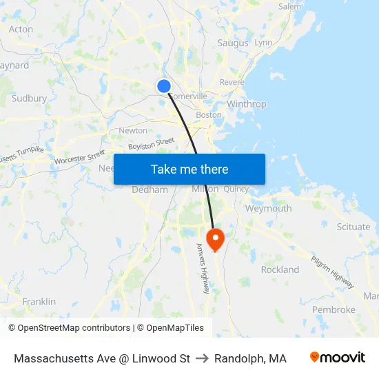 Massachusetts Ave @ Linwood St to Randolph, MA map