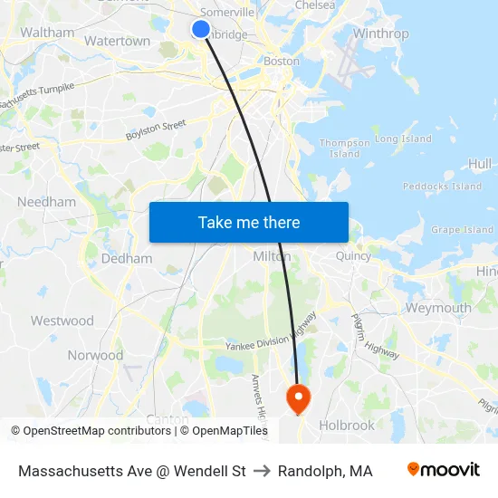 Massachusetts Ave @ Wendell St to Randolph, MA map