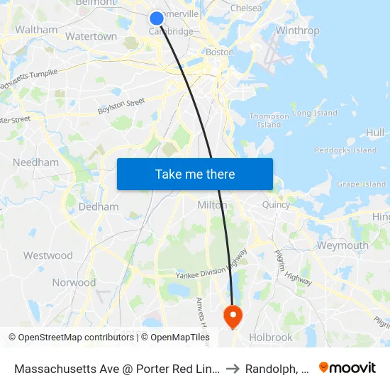 Massachusetts Ave @ Porter Red Line Sta to Randolph, MA map