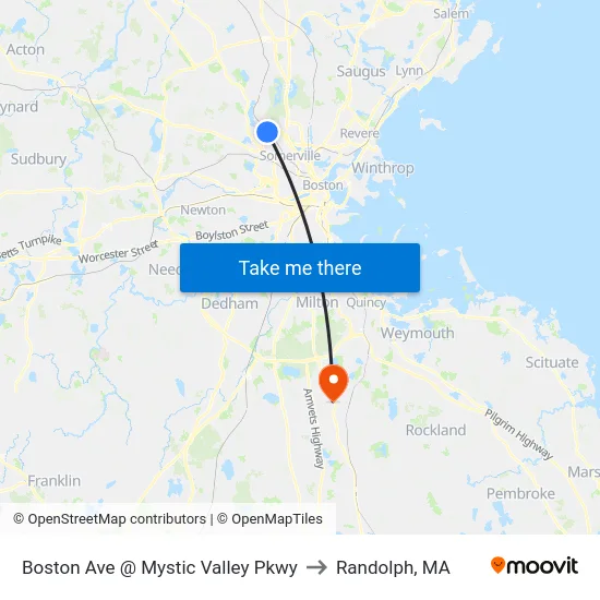 Boston Ave @ Mystic Valley Pkwy to Randolph, MA map