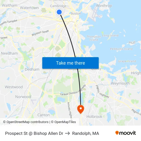 Prospect St @ Bishop Allen Dr to Randolph, MA map