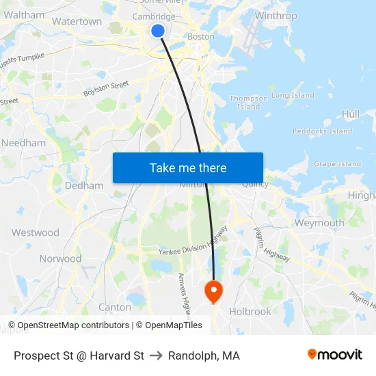 Prospect St @ Harvard St to Randolph, MA map