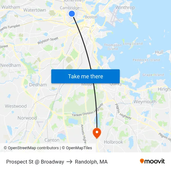 Prospect St @ Broadway to Randolph, MA map
