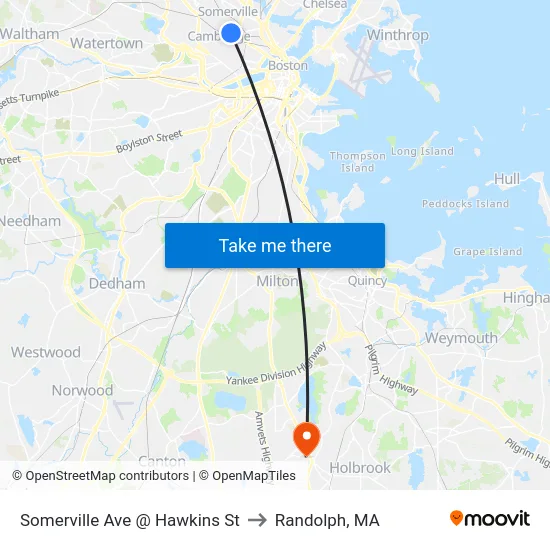Somerville Ave @ Hawkins St to Randolph, MA map