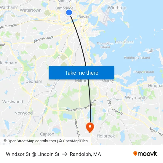 Windsor St @ Lincoln St to Randolph, MA map
