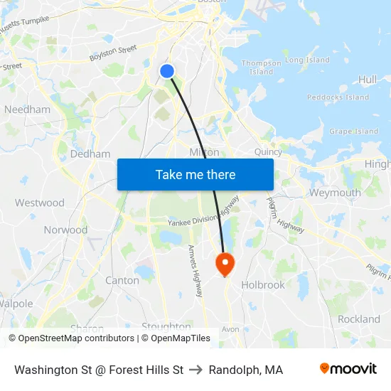 Washington St @ Forest Hills St to Randolph, MA map