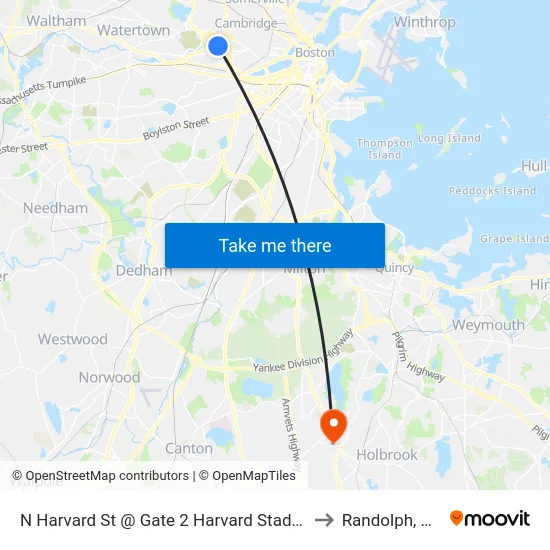 N Harvard St @ Gate 2 Harvard Stadium to Randolph, MA map