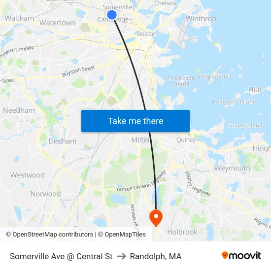 Somerville Ave @ Central St to Randolph, MA map