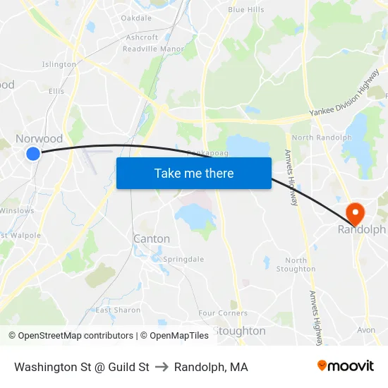 Washington St @ Guild St to Randolph, MA map