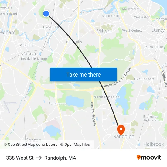 338 West St to Randolph, MA map