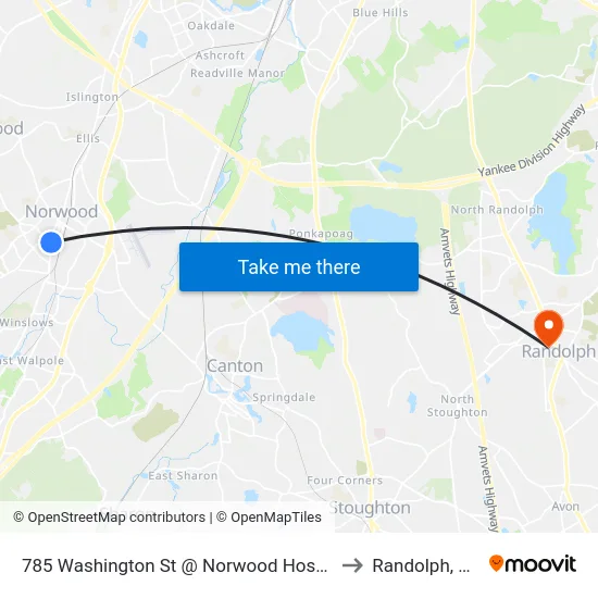 785 Washington St @ Norwood Hospital to Randolph, MA map
