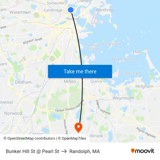 Bunker Hill St @ Pearl St to Randolph, MA map
