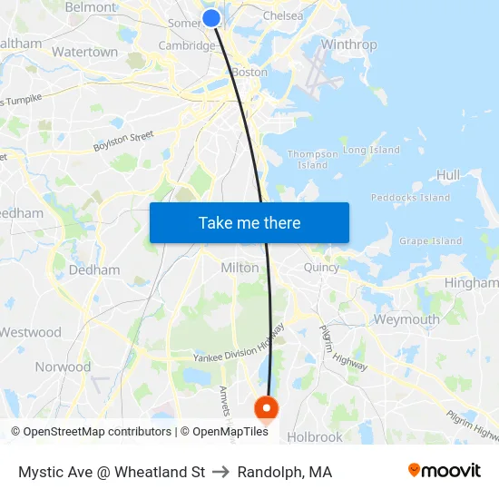 Mystic Ave @ Wheatland St to Randolph, MA map