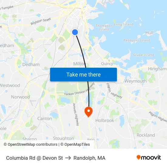 Columbia Rd @ Devon St to Randolph, MA map