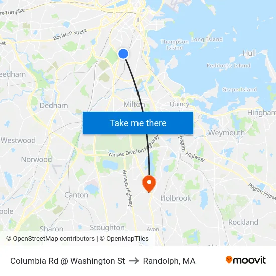 Columbia Rd @ Washington St to Randolph, MA map