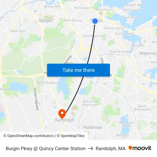 Burgin Pkwy @ Quincy Center Station to Randolph, MA map