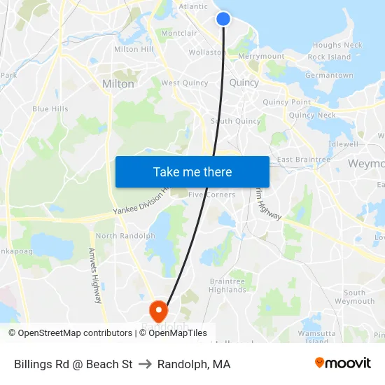 Billings Rd @ Beach St to Randolph, MA map