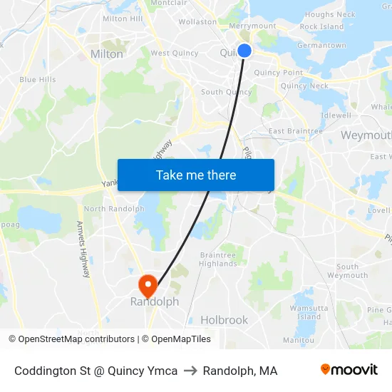 Coddington St @ Quincy Ymca to Randolph, MA map