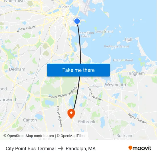 City Point Bus Terminal to Randolph, MA map