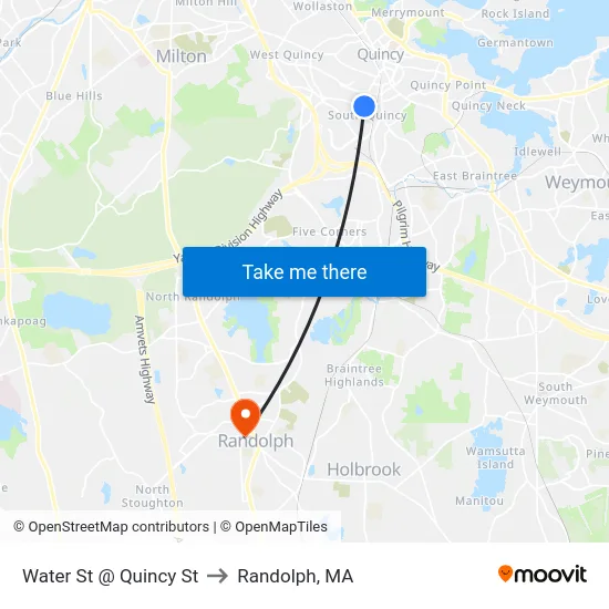 Water St @ Quincy St to Randolph, MA map