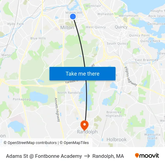Adams St @ Fontbonne Academy to Randolph, MA map