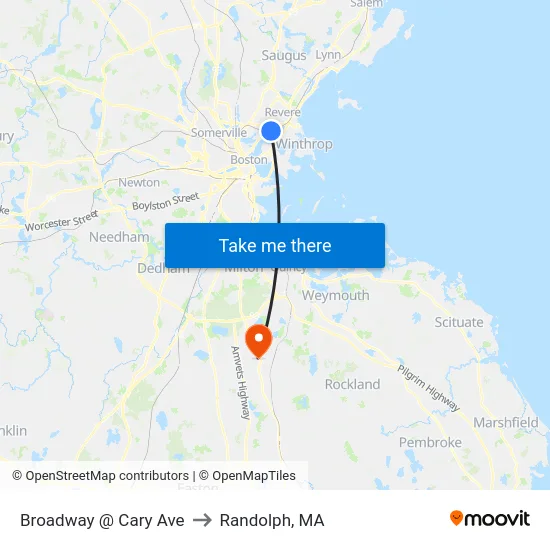 Broadway @ Cary Ave to Randolph, MA map