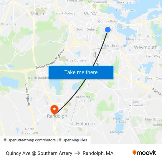 Quincy Ave @ Southern Artery to Randolph, MA map