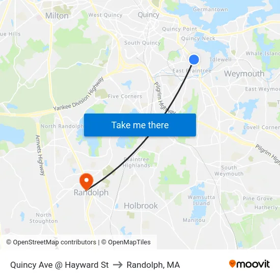 Quincy Ave @ Hayward St to Randolph, MA map
