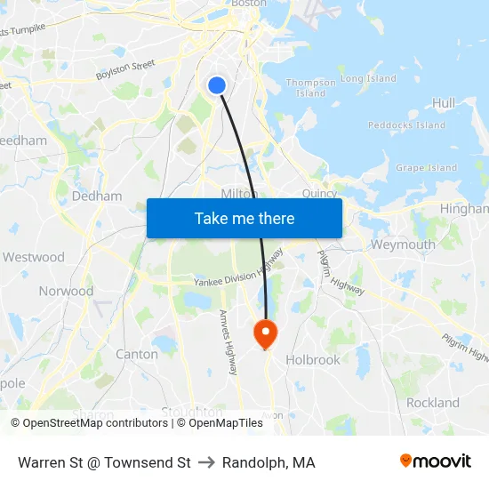 Warren St @ Townsend St to Randolph, MA map
