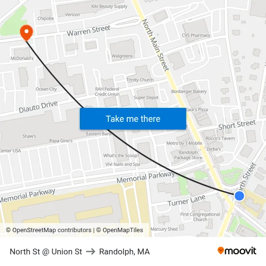 North St @ Union St to Randolph, MA map