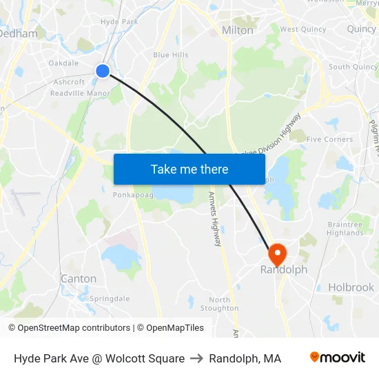 Hyde Park Ave @ Wolcott Square to Randolph, MA map