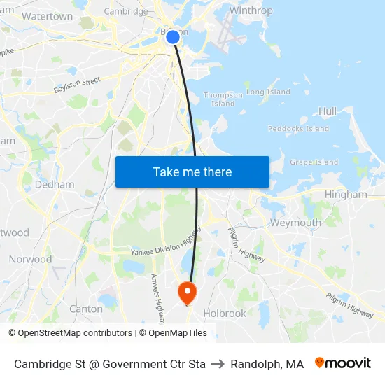 Cambridge St @ Government Ctr Sta to Randolph, MA map