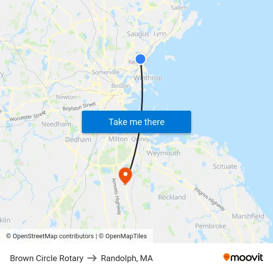 Brown Circle Rotary to Randolph, MA map