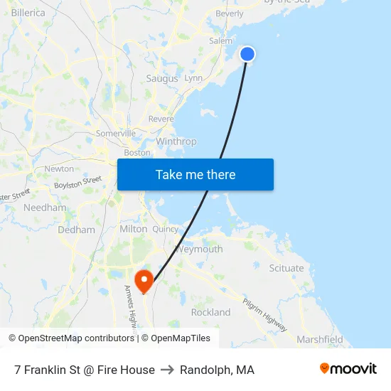 7 Franklin St @ Fire House to Randolph, MA map