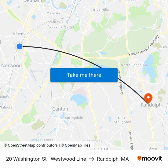 20 Washington St - Westwood Line to Randolph, MA map