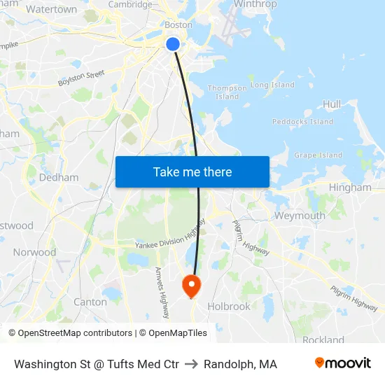 Washington St @ Tufts Med Ctr to Randolph, MA map