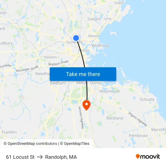 61 Locust St to Randolph, MA map