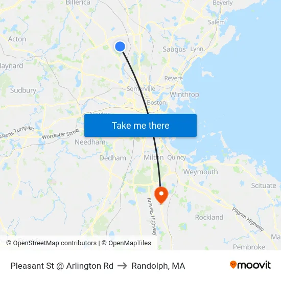 Pleasant St @ Arlington Rd to Randolph, MA map