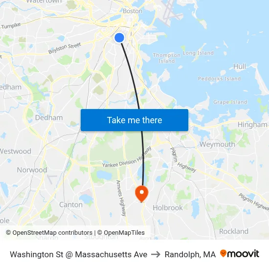 Washington St @ Massachusetts Ave to Randolph, MA map